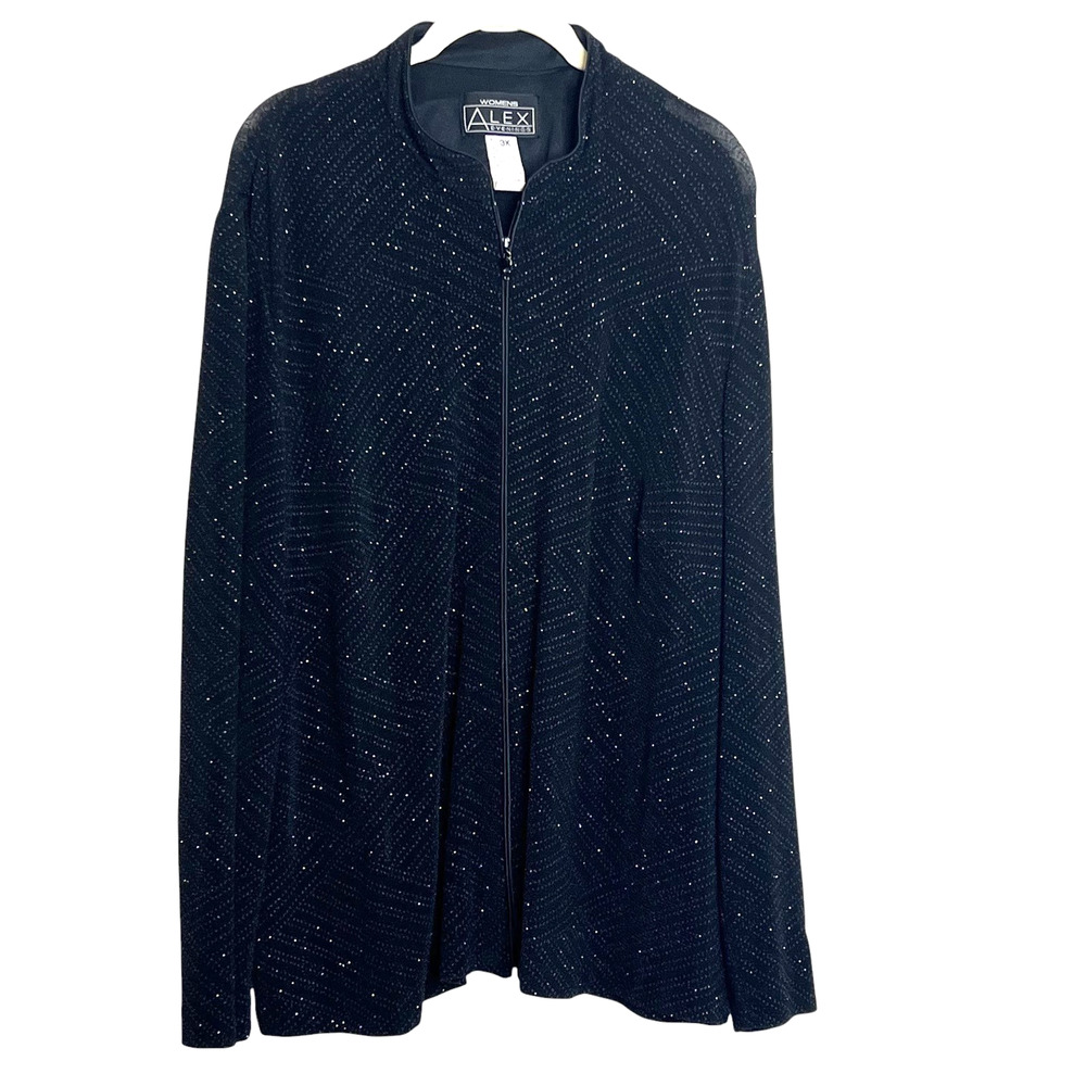 Alex Evenings Metallic Sparkle Zip Front Evening Jacket 3X Black Plus Size